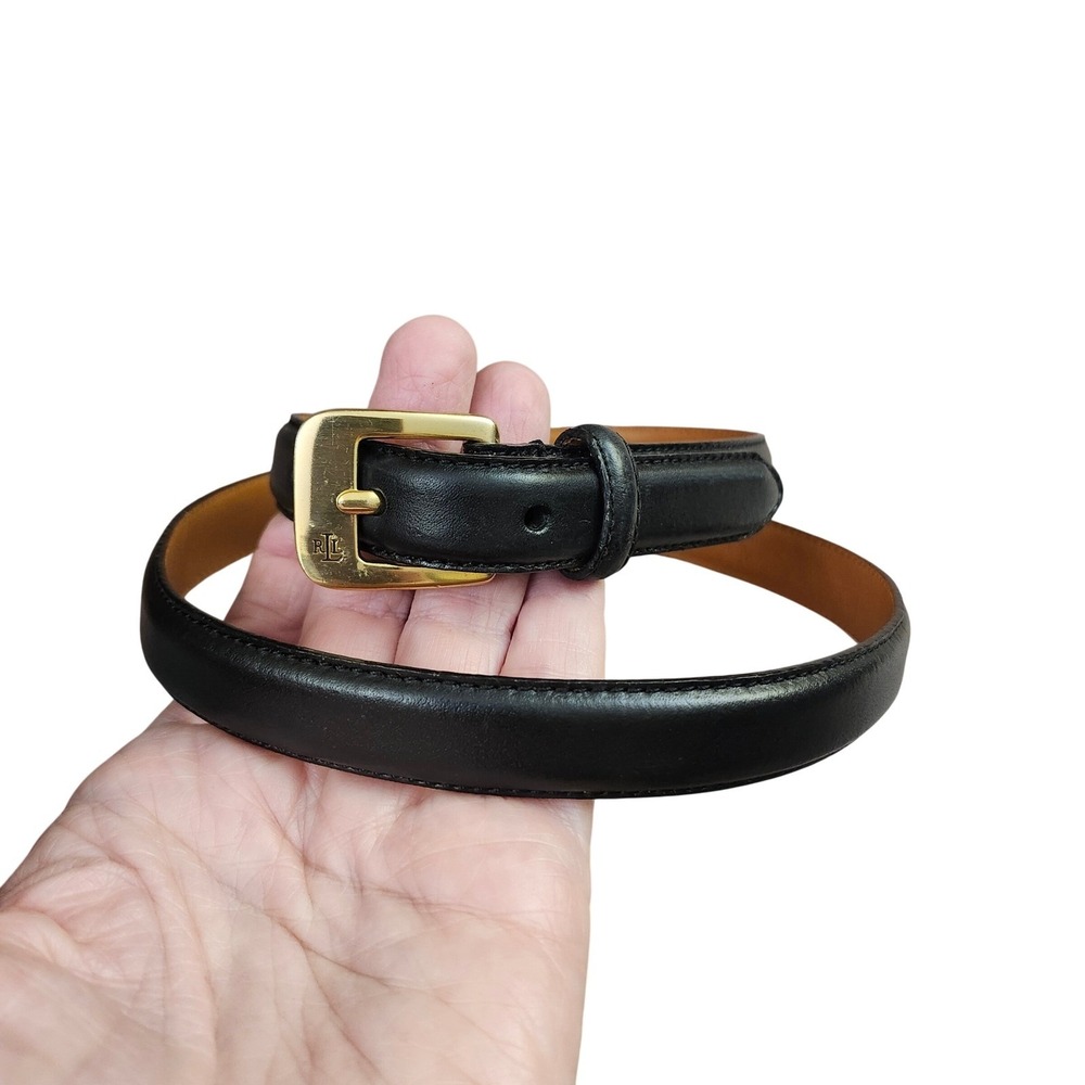 Lauren Ralph Lauren Black Italian Leather Skinny Belt Gold Buckle M 30" Chic